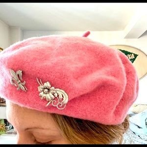 Pink wool beret with sterling silver brooches